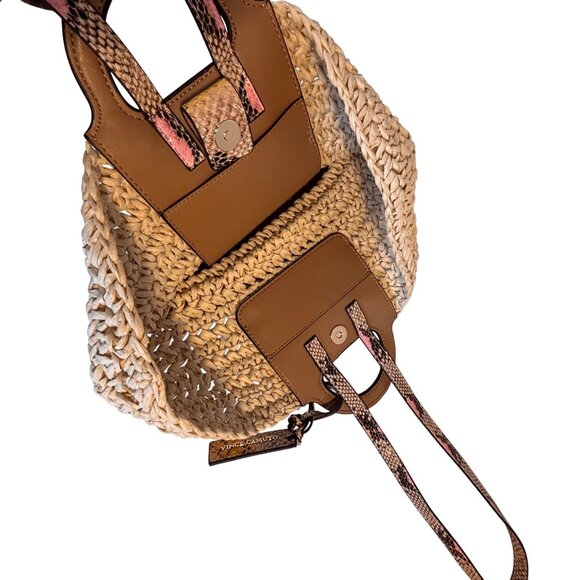 Vince Camuto Lena Straw Tote Bag Faux Snakeskin Duo Handles Boho Chic Beachy - Picture 5 of 12